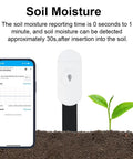 Smartphone showing data from Intelligent Soil Moisture Sensor 3 Pack With Capacitive Probes, Zigbee Hub Required, Moisture And Temperature Meter For Gardening, Compatible With Home Assistant Zigbee2MQTT.