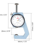 Thickness Gauge 0-20mm With Flat Tip Dial Indicator, 0.1mm Accuracy, Rugged Metal Build, White Dial With Clear Graduations, Handy For DIY Projects, Shop Work, And Metalworking Measurements. Blue metal thickness gauge with white dial and dimensions marked