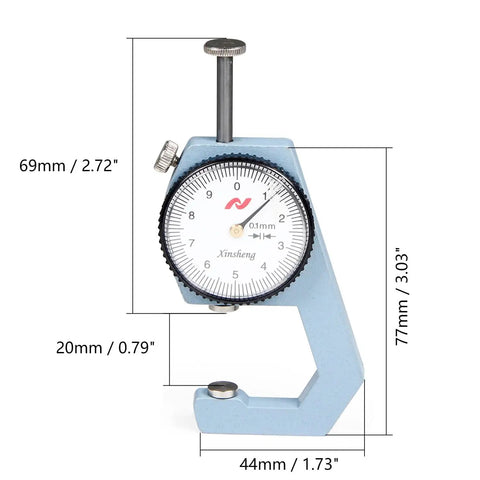 Thickness Gauge 0-20mm With Flat Tip Dial Indicator, 0.1mm Accuracy, Rugged Metal Build, White Dial With Clear Graduations, Handy For DIY Projects, Shop Work, And Metalworking Measurements. Blue metal thickness gauge with white dial and dimensions marked
