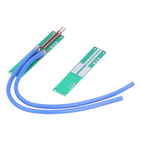Handheld Copper Spot Welder Pen Kit For DIY Electronics, Ultra Low Resistance Tool With Silicone Wire, Integrated Unit, Includes Copper Pads And Screws For Battery Tab And PCB Welding, showing copper tips attached to blue silicone wires with green circuit board visible.