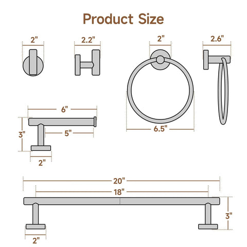 Diagram of measurements for Matte Black 4-Piece Wall Mounted Bathroom Hardware Set with 18-Inch Towel Bar, Towel Ring, Toilet Paper Holder, Robe Hook.