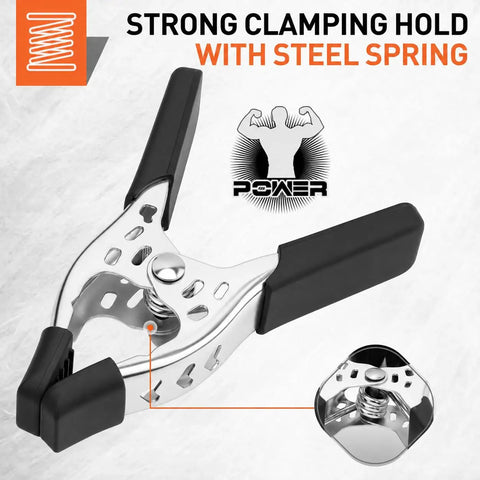 Heavy Duty Eight Piece 4 Inch Spring Clamp Set, 1.5 Inch Jaw Opening, Nickel Plated Steel, Non Slip Grip, Built Tough for Woodworking and Home Projects