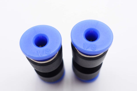 Top view of two blue and black Push To Connect Fitting One Eighth Inch Tubing For Pneumatic Air And Water Applications Straight Union Two Way Connector Easy Snap On Quick Connect Coupler Space Saving Pack Of Five.