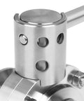Front view of a 2-inch stainless steel 304 sanitary butterfly valve with pull handle and tri-clamp ends