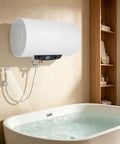 Heavy Duty Horizontal Electric Water Heater Featuring A Nifty Digital Display And Generous 70 Liter Reserve Plus 110V Plug Right In Hook Up to shower in modern bathroom.