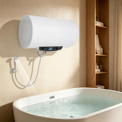 Slick Wall Mounted Electric Tank Water Heater With Lightning Fast Heating And A Dead Simple Setup For Zero Hassle Operation And Plenty Of 70 Liter Hot Water Anytime mounted above a bath tub, featuring a digital control panel.