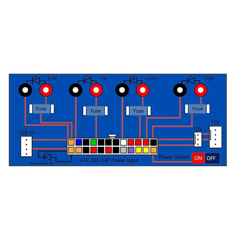 ATX Benchtop Power Breakout Adapter with USB 5V port and four output channels 3.3V 5V 12V -12V diagram