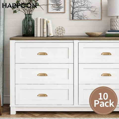 10 Pack Bin Cup Pulls Vintage Shell Handle Cabinet Hardware in Champagne Gold on white dresser