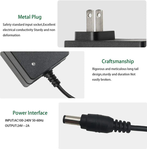 2 Pack 24V Power Supply Adapter for LED Strips and More, showing metal plug, plug end, and power specifications in detail.