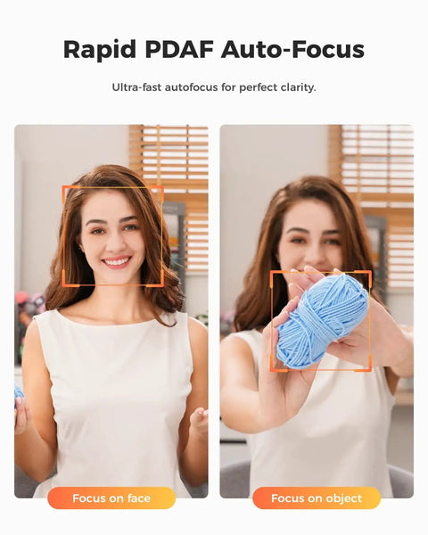 Woman demonstrating Rapid PDAF Auto-Focus functionality with a 4K Streaming Webcam for PC gaming and live sessions.