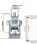 Front view of Heavy Duty Gate Pulley Wheel in 201 Stainless Steel With Double Bearings, showing dimensions in millimeters and inches.