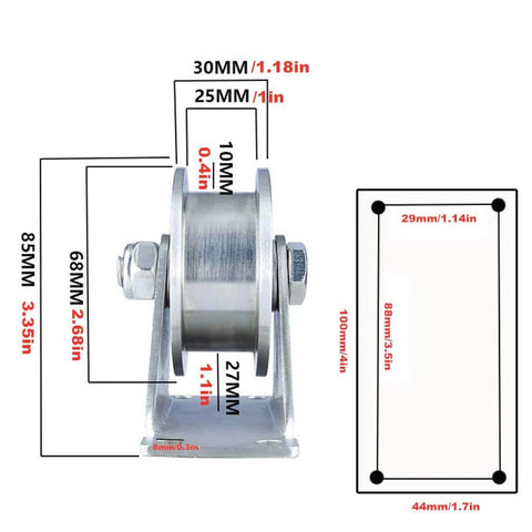 Front view of Heavy Duty Gate Pulley Wheel in 201 Stainless Steel With Double Bearings, showing dimensions in millimeters and inches.