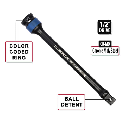Half-Inch Drive 8 Inch Color-Coded Torque Extension Bar Set, Chrome Molybdenum Steel, with Blue Ring and Ball Detent