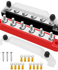 Red And Black Power Distribution Terminal Block With Cover Six One Quarter Inch M6 Posts Twelve Volt Battery Bus Bar