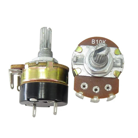 10K Ohm Rotary Potentiometer With Switch and Alloy Knob, Single Turn Variable Resistor For DIY Electronics shown from side and top view