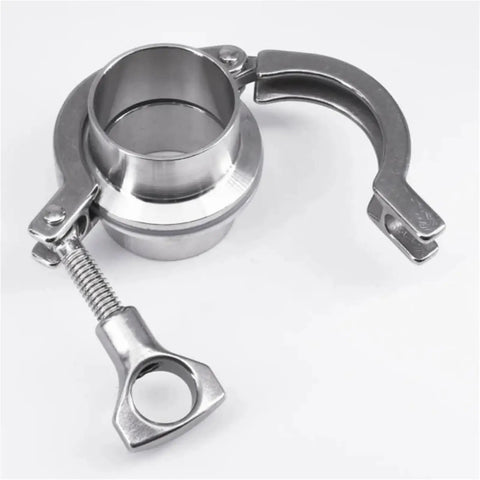 Tri Clamp Set 0.5 Inch Through 10 Inch Stainless SUS316L Sanitary Weld Ferrule Pipe Fittings With PTFE Gasket Food Grade Dairy Brewery Ready Durable Clamp Assembly For Quick Leak Free Easy Fit showing open position