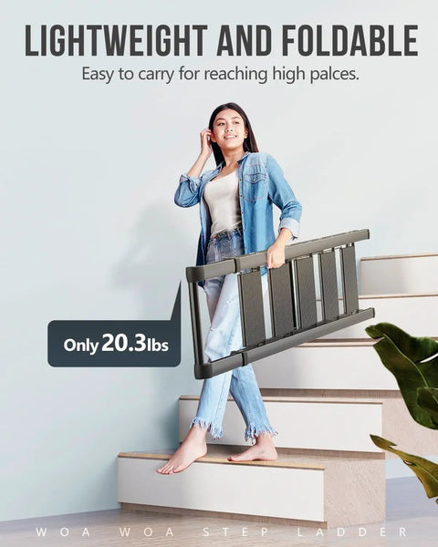Five Step Home Ladder With 300 Lb Capacity And 46 Inch Top Step, Stable No Wobble Design With Side And Back Braces, Slim Fold For Easy Storage, Compact Black Indoor Utility Ladder, folded and carried on stairs