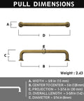 Dimensions diagram of Antique Brass Cabinet Pulls Set Of 12 With 5 Inch Center Vintage Retro Bronze Kitchen Hardware.