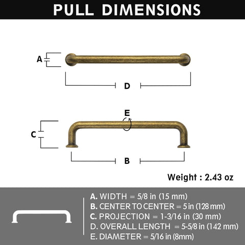 Dimensions diagram of Antique Brass Cabinet Pulls Set Of 12 With 5 Inch Center Vintage Retro Bronze Kitchen Hardware.