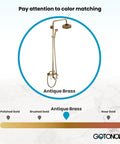 Antique Brass Shower Faucet With 8 Inch Rain Head And Handheld Spray highlighted for color matching on display.