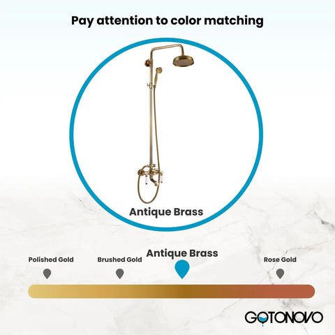 Antique Brass Shower Faucet With 8 Inch Rain Head And Handheld Spray highlighted for color matching on display.