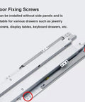 Undermount Drawer Slides Beefy Heavy Duty Soft Close Full Extension Ball Bearing Rails For Cabinet Kitchen Dresser Bottom Mounted Ultra Quiet Smooth Operation Durable Steel Construction Easy Install 2 Pack 30 Inch Length, showing floor fixing screws for diverse drawer applications.