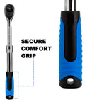 Extendable Ratchet Socket Set With Quick Release And Reversible Gear Three Drive Sizes One Quarter Inch, Three Eighths Inch, And One Half Inch Heavy Duty Wrench Kit For Mechanics with blue handle grip
