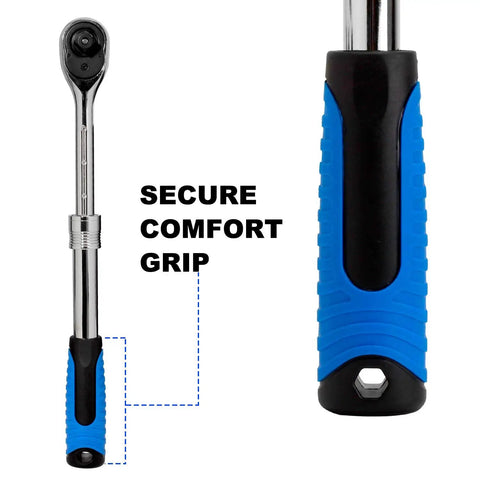 Extendable Ratchet Socket Set With Quick Release And Reversible Gear Three Drive Sizes One Quarter Inch, Three Eighths Inch, And One Half Inch Heavy Duty Wrench Kit For Mechanics with blue handle grip
