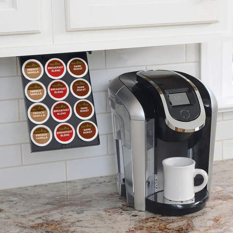 Under Cabinet Coffee Pod Storage Rack For Keurig K Cups, Space Saving, Low Profile Shelf Organizer That Holds 12 Pods, mounted under cabinet