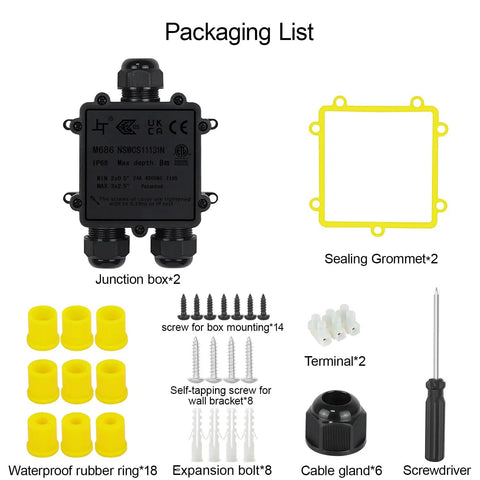 IP68 Outdoor Junction Box For Trailers And Outdoor Electrical Installations, 3 Way Enclosure With M25 Cable Glands, components shown