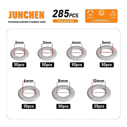285 Piece Stainless Steel Fender Washer Kit M2 To M10 Flat Round Washers displayed with assorted sizes and quantities.