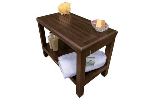 Eleganto 24 Inch Brown Waterproof Teak Shower Bench Stool With Non Slip Feet And Two Tier Storage Shelf For Inside Shower Bathroom Safety Organization And Easy Access To Towels And Bath Accessories with toiletries and towels on shelf