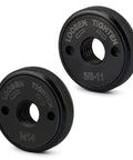 2 Pack M14 And 5/8-11 Thread Angle Grinder Flange Nuts With Quick Release Locking Nut For Angle Grinders Metal Grinder Lock Nuts Fits M14 Or 5/8-11 Threaded Spindles Durable Black Finish, showing front view of two black flange nuts with thread markings.
