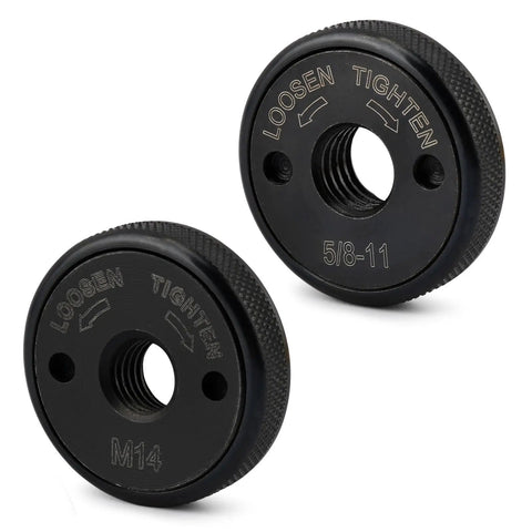 Five Eighths Inch Eleven UNC Threads Angle Grinder Flange Nut For Four And A Half And Five Inch Grinders Handy Quick Change Locking Nut You Can Install By Hand No Wrench Needed Metal Knurled Arbor Nut M14 Compatible Replacement in black metal with tightening instructions.