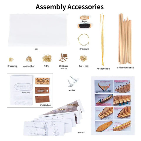 Assembly accessories for Wooden Ship Model Kit for Grownups One Ninety Six Scale Harvey 1847 Trading Ship with instructions included.