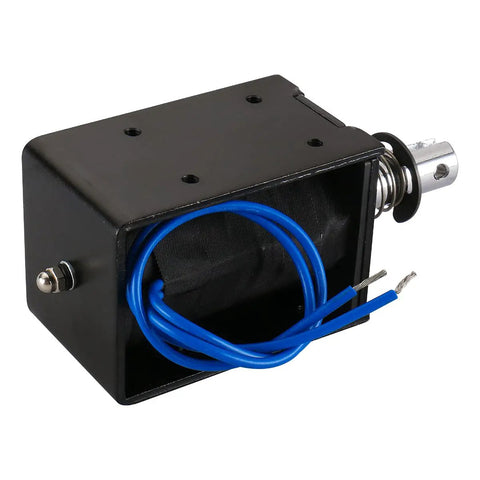 Beefy 24V DC Linear Actuator Solenoid With 80N Push Force, 20mm Stroke Open Frame Electromagnet For Precise Motion Control And Intermittent Use In Industrial Automation Robotics And DIY Projects BM 1683B, black open-frame with blue leads