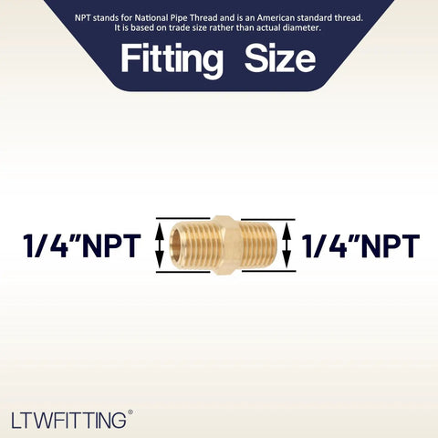 Brass Pipe Hex Nipple Fitting One Quarter Inch NPT Male Thread with 1/4 NPT size indication on both ends.