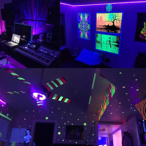 Room lit by 40 Foot LED UV Black Light System With 120 UV LEDs 8 Modes Flexible String Fixtures, glowing artwork and decor.