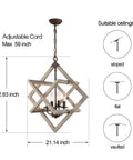 4-Light Weathered Wood Farmhouse Pendant Chandelier With Geometric Cage, Rustic Coastal Dining Room Lighting dimensions