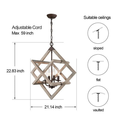 4-Light Weathered Wood Farmhouse Pendant Chandelier With Geometric Cage, Rustic Coastal Dining Room Lighting dimensions