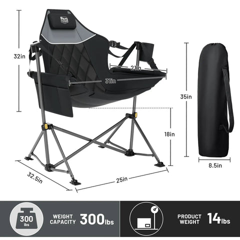 Heavy Duty Folding Hammock Chair With Adjustable Backrest For Camping, Travel, And Patio with 300 lb support, dimensions shown