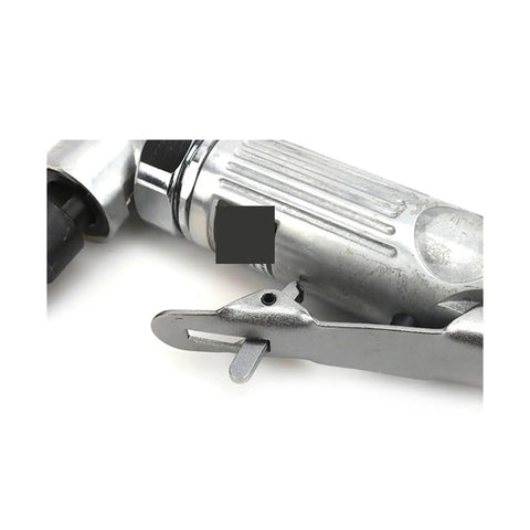 Built Like A Tank Mini Quarter Inch Air Angle Die Grinder 90 Degree Pneumatic Tool Kit showing safety latch and alloy design.