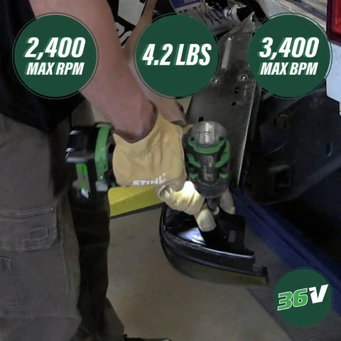 Person using 36V MultiVolt Half Inch Mid Torque Cordless Impact Wrench Workhorse Tool Only No Battery Four Speed Settings Brushless Motor IP56 Compliant Auto Stop System LED Light WR36DEQ4 with LED light and speed specs visible