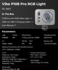 Vibe P108 Pro RGB Video Light For Cameras packaging and specifications including size, power, and materials.