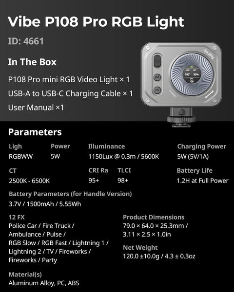 Vibe P108 Pro RGB Video Light For Cameras packaging and specifications including size, power, and materials.