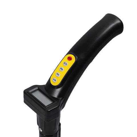 Close-up of Keenso Digital Measuring Wheel 9999.9M Telescopic Design handle with buttons and display.