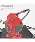 Handy Soldering Helping Hands With Alligator Clip Magnifier for PCB Board Repairs showing magnifying lens on red circuit board