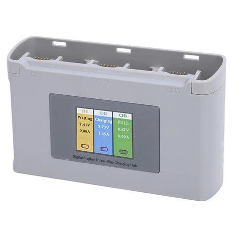 Three Slot LCD Drone Battery Charger Hub With Digital Display, Fast USB Power Adapter For Three Batteries At Once, Shockproof ABS Docking Station For Mini 2 Pro And Other Drones, Rugged Multi Battery Charging Station showing digital readout.