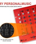 Close-up of a red 4 Channel DJ Mixer With Bluetooth And USB Audio Crossfader 3 Band EQ Gain Control And Cue Monitor Pro Sound Console