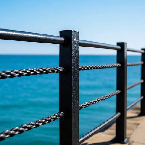 Top Shelf 1/8 Black T316 Stainless Steel Cable Railing 1200 Ft With Cable Cutter Hella Tough Marine Grade 7X7 Wire Rope on a pier.
